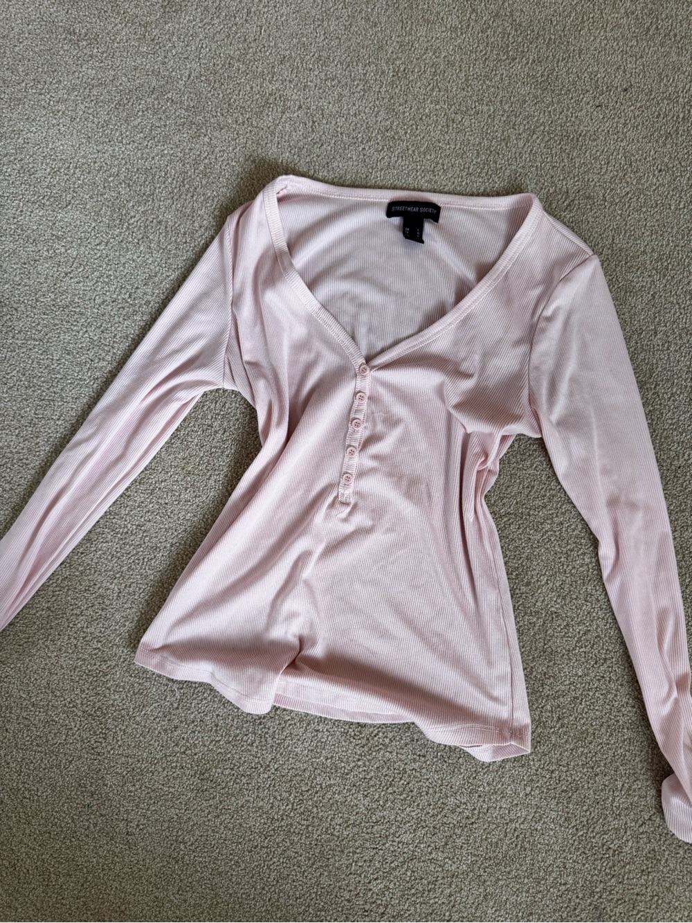 Pale Pink Ribbed Henley Long Sleeve Top